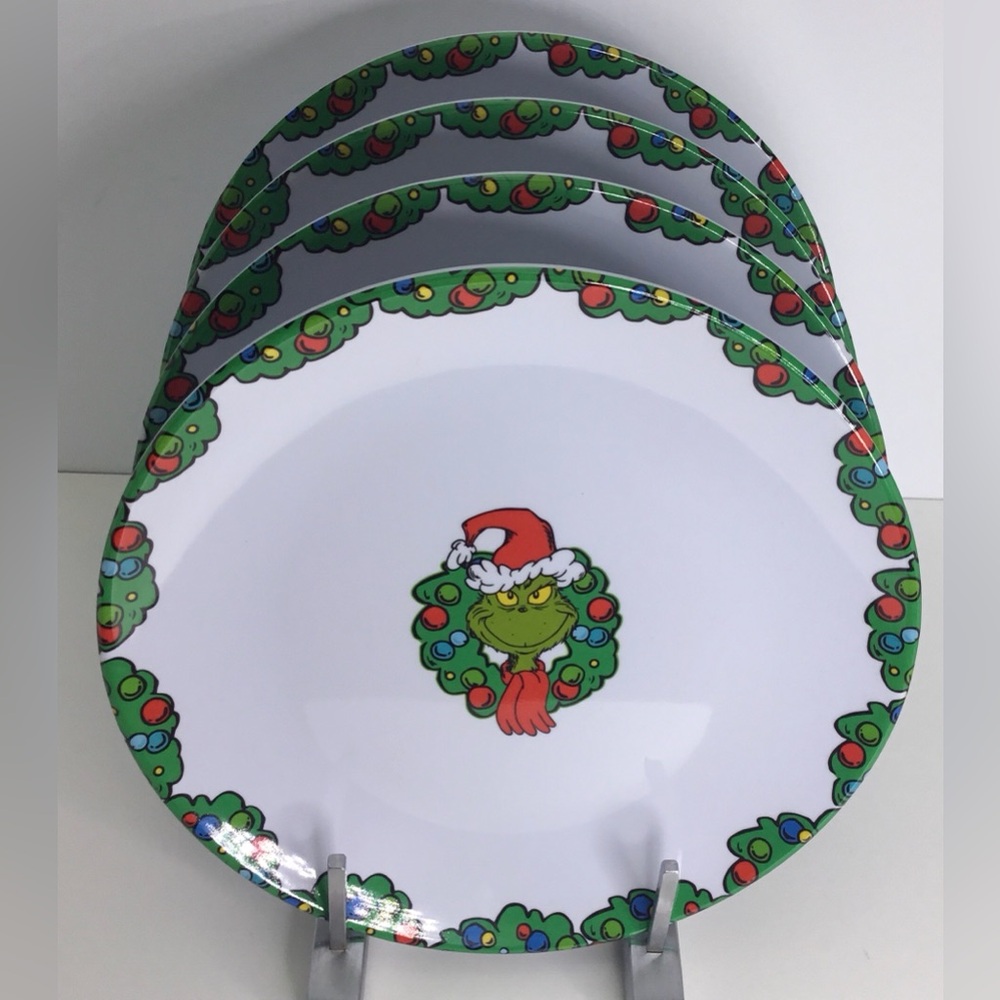 4 Dinner  Plates Dr. Seuss The Grinch Christmas Wreath Melamine 10.5" New